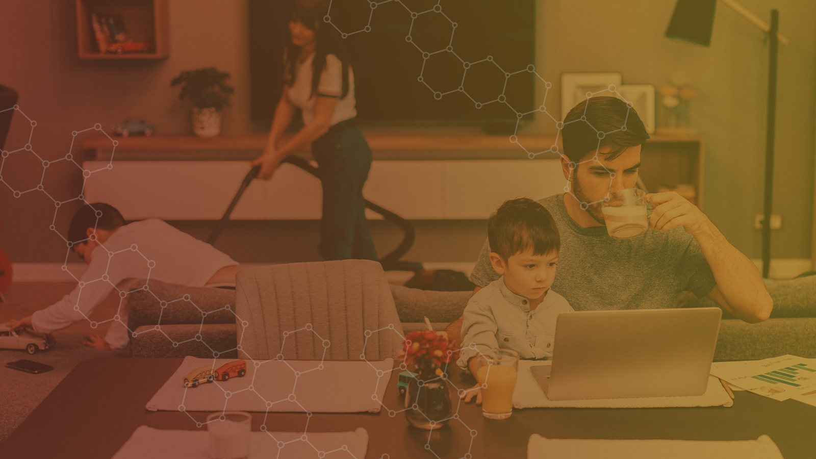 Man working at home with child