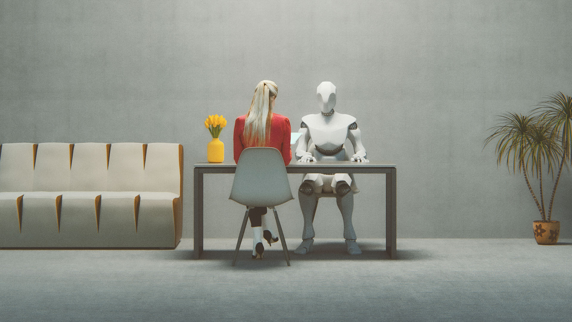 A person meeting with a robot